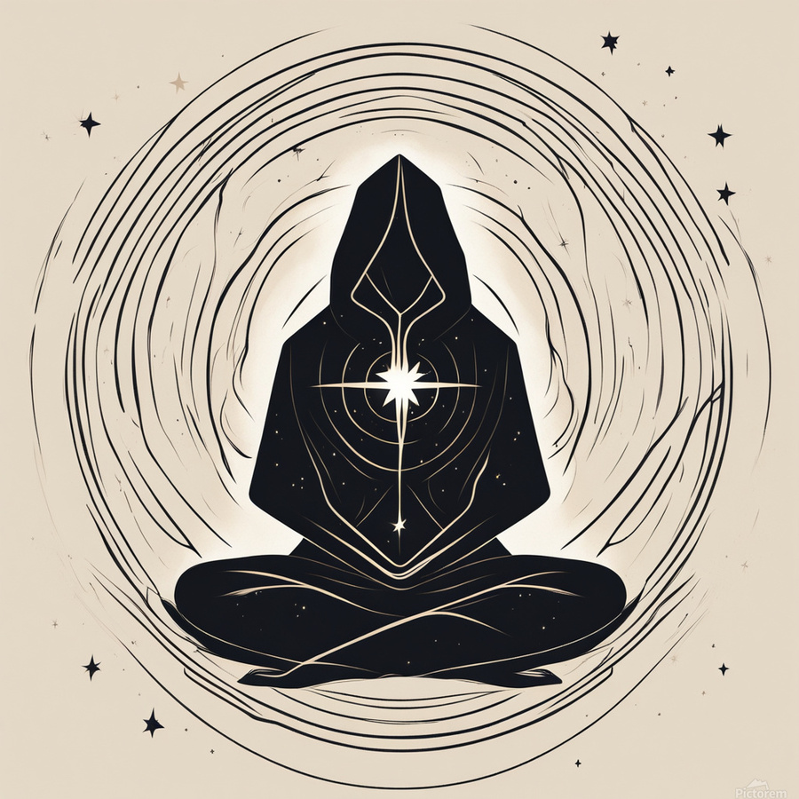 Abstract logo of a hooded figure meditating under stars with swirling ...