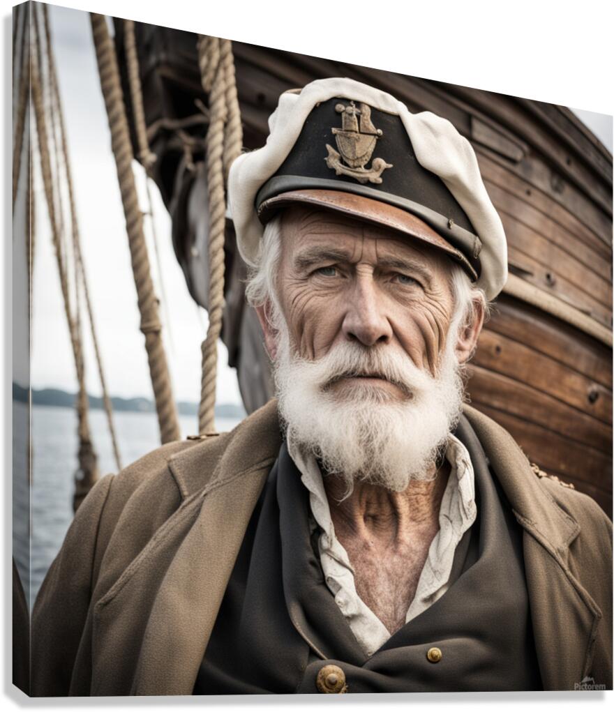 Old sailing ship captain face weathered with old wooden sailing ship in background  Canvas Print