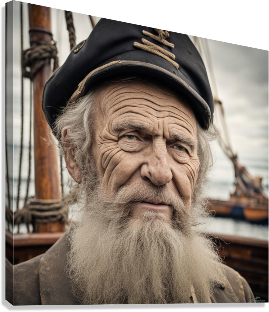 Old sailing ship captain face weathered with old wooden sailing ship in background  Canvas Print