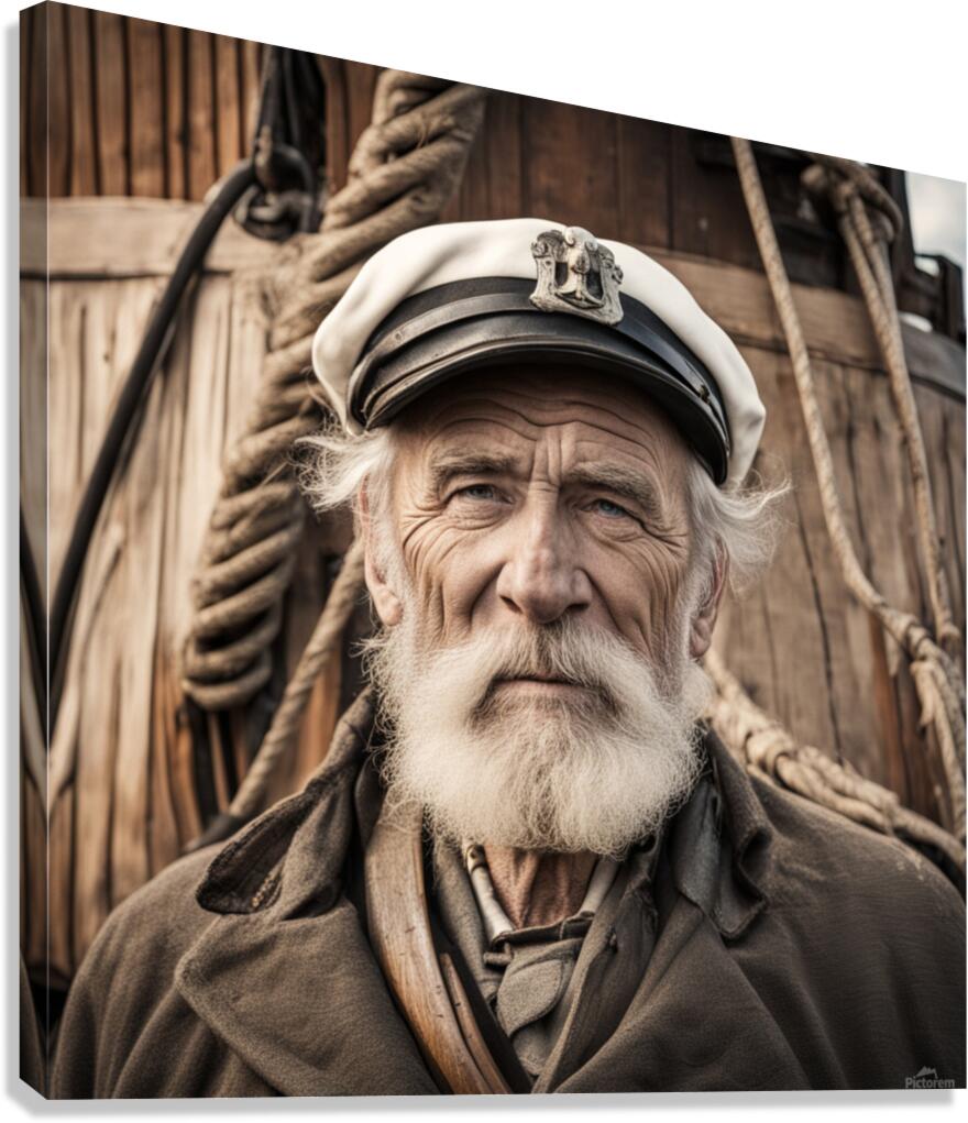 Old sailing ship captain face weathered with old wooden sailing ship in background  Canvas Print