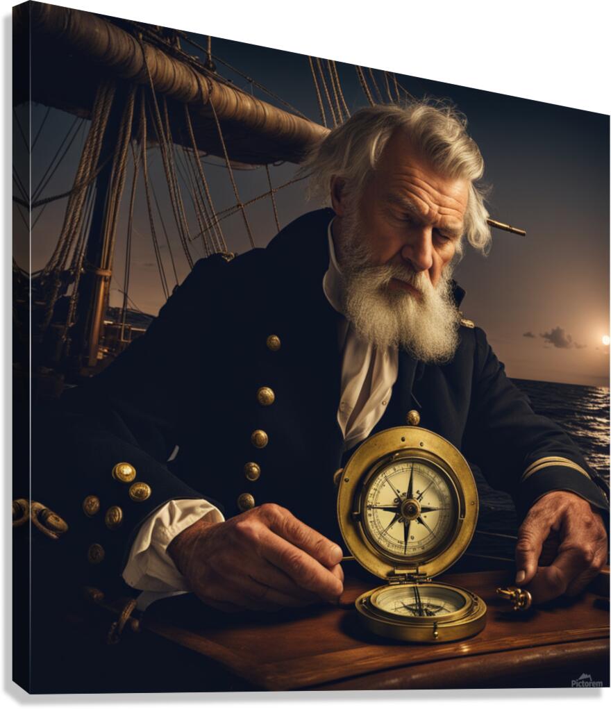 Old sailing ship captain looking at his old brass compass night time with ruff ocean behind him Canvas Print