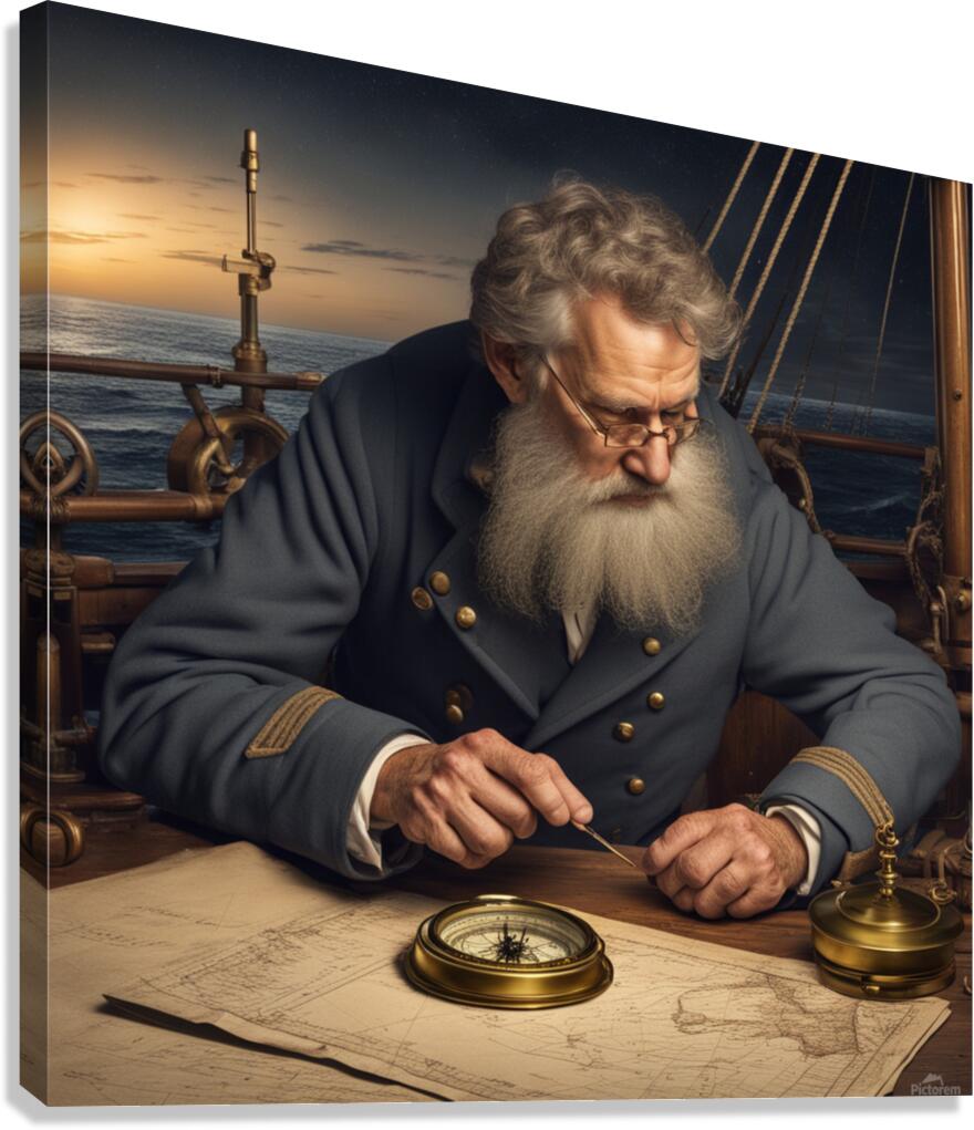 Old sailing ship captain looking at his old brass compass night time with ruff ocean behind him Canvas Print