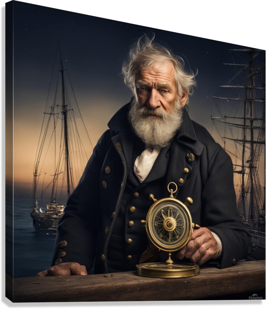 Old sailing ship captain weathered face looking at his old brass compass night time with ruff sea behind him Canvas Print