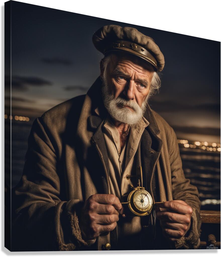 Old sailing ship captain weathered face looking at his old brass compass night time with ruff sea behind him Canvas Print