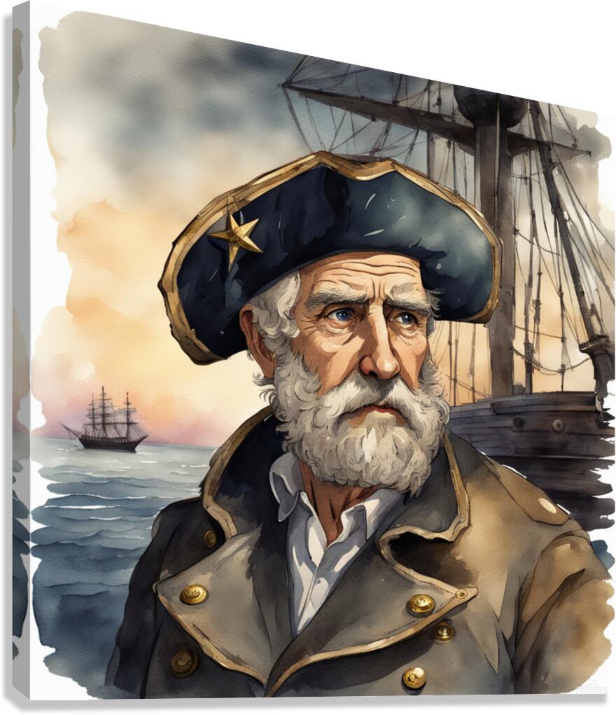 Old sailing ship captain weathered face looking at his old brass compass night time with ruff sea behind him Watercolor style Canvas Print