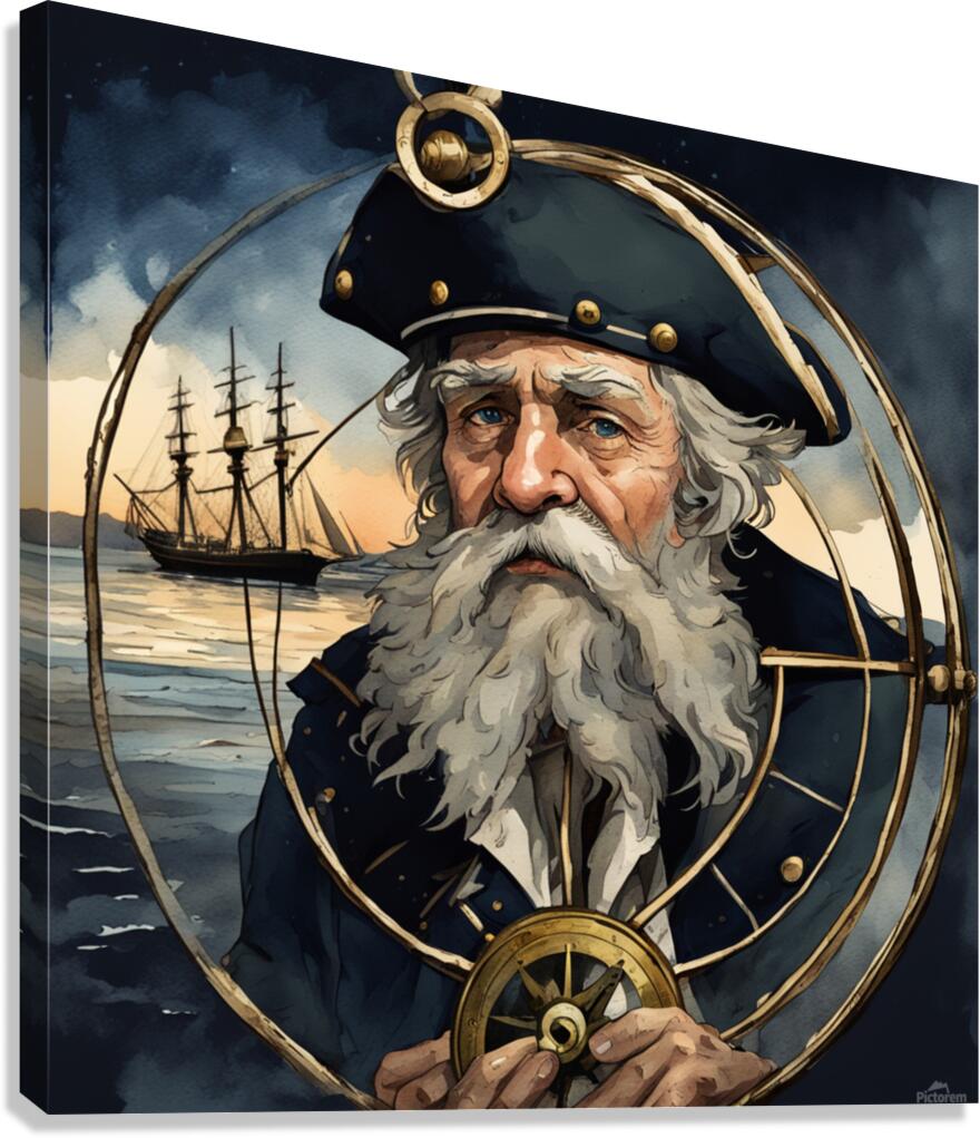 Old sailing ship captain weathered face looking at his old brass compass night time with ruff sea behind him Watercolor style Canvas Print