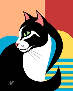 Colorful Modern Cat Illustration With Bold Black White Shapes And Vibrant Backdrop