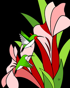 Stylized Floral and Hummingbird On Black Background