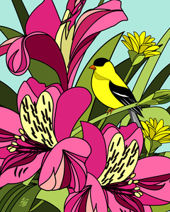 American Goldfinch and Alstroemeria Flowers