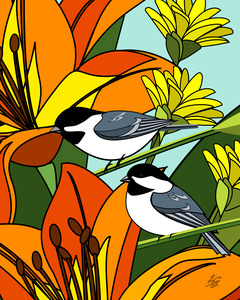 Black Capped chickadees With Orange Lily Flowers
