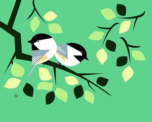 Chickadees On Tree Branch