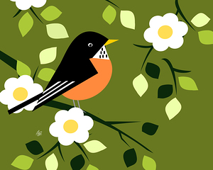 American Robin and Flower Flat Color Vector Art
