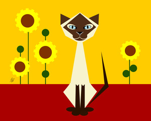 Geometric Abstract Cat With Stylized Flowers