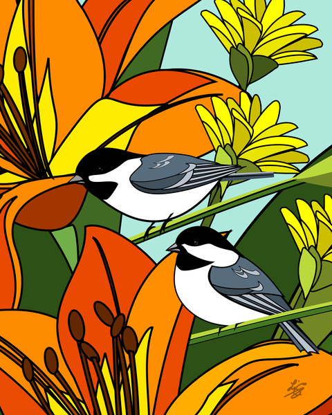 Black Capped chickadees With Orange Lily Flowers Print