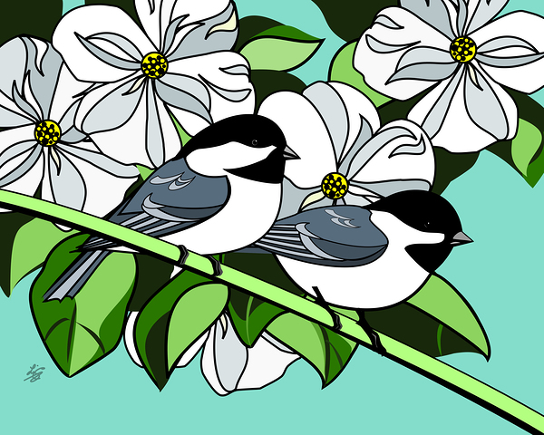Black Capped Chickadee and DogWood Flowers by Liz Cereby