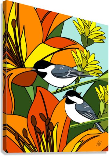 Black Capped chickadees With Orange Lily Flowers Canvas Print