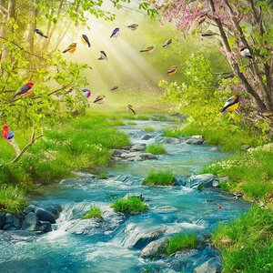 Babbling spring stream terming with fresh crystal clear water 