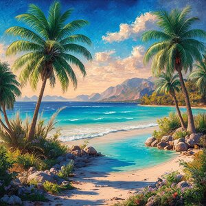 Serene beach landscape with palm trees crystal 