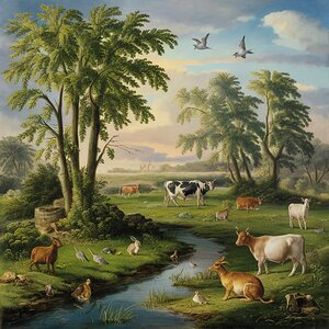 Nature in the Spring .bords rabbits . water cows .goats