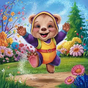 a tiny bear. who jumps for joy. Very colorful cartoon drawing. poster painting