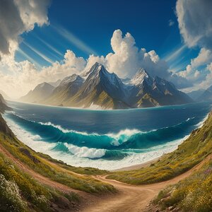 A picture of a beautiful view overlooking the sea and the mountain