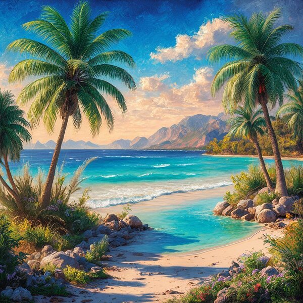 Serene beach landscape with palm trees crystal  Print