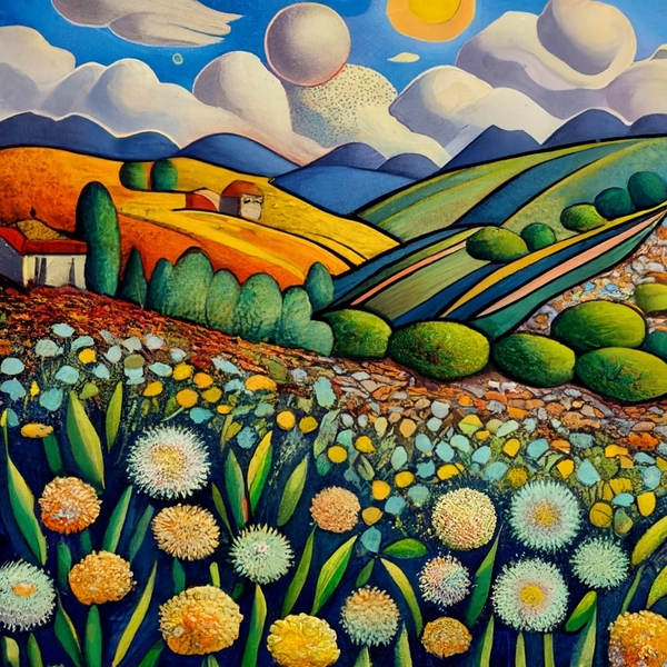 Van Gogh Flores y colinas atardecer watercolor Print