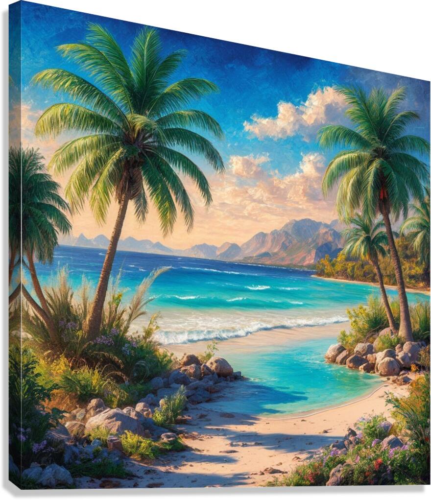 Serene beach landscape with palm trees crystal  Canvas Print
