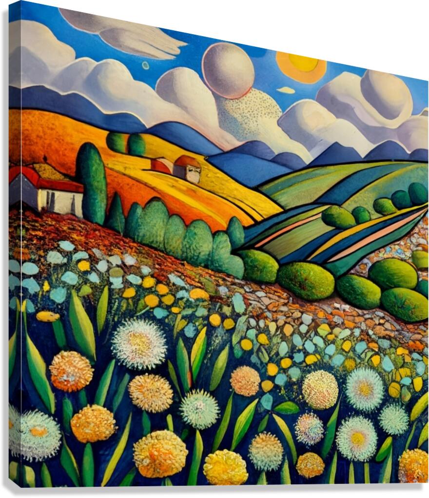 Van Gogh Flores y colinas atardecer watercolor Canvas Print