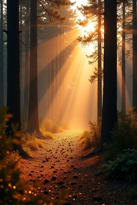 Morning Light Through the Pines – Serene Forest Pathway Art