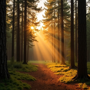 Morning Light Through the Pines – Serene Forest Pathway Art
