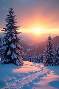 Winter Glow: Sunset Over a Snowy Forest