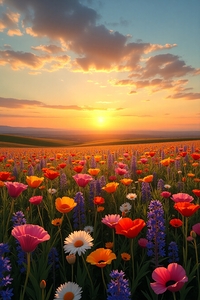 Golden Hour Wildflower Bloom – Sunset Over a Spring Meadow