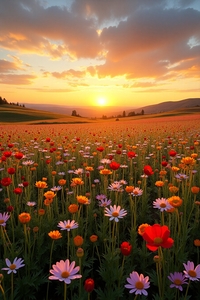 Golden Hour Wildflower Bloom – Sunset Over a Spring Meadow