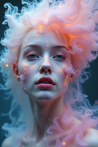 Ethereal Bloom: Dreamy Woman Portrait with Flowing Coral Hair
