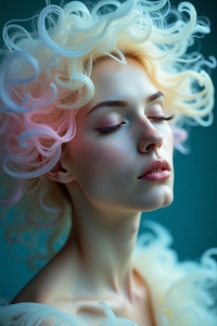 Ethereal Bloom: Dreamy Woman Portrait with Flowing Coral Hair