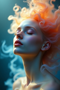 Ethereal Bloom: Dreamy Woman Portrait with Flowing Coral Hair