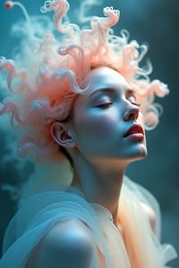 Ethereal Bloom: Dreamy Woman Portrait with Flowing Coral Hair