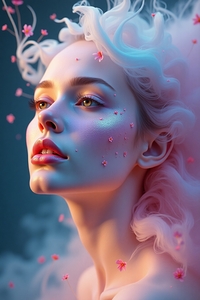 Ethereal Bloom: Dreamy Woman Portrait with Flowing Coral Hair