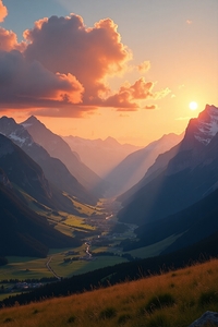 Golden Hour in the Valley - Majestic Mountain Sunset Landscape