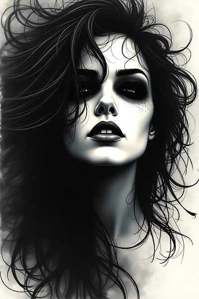 Dark Gothic Woman Portrait – Surreal Black and White Art Print