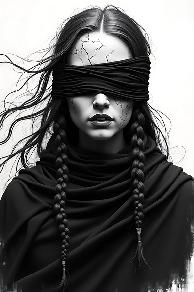 Blindfolded Gothic Woman – Cracked Porcelain Look in Dark Fantasy Style Print