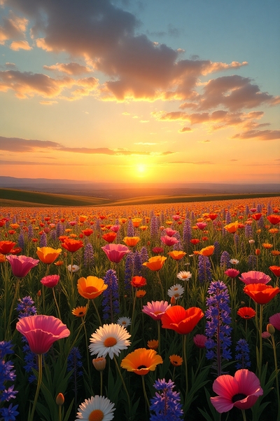 Golden Hour Wildflower Bloom – Sunset Over a Spring Meadow by RACHID RHAMMOUD