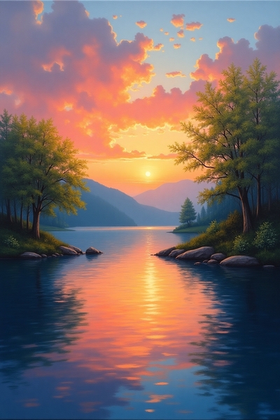 Twilight Serenity – Sunset Over a Tranquil Lake by RACHID RHAMMOUD