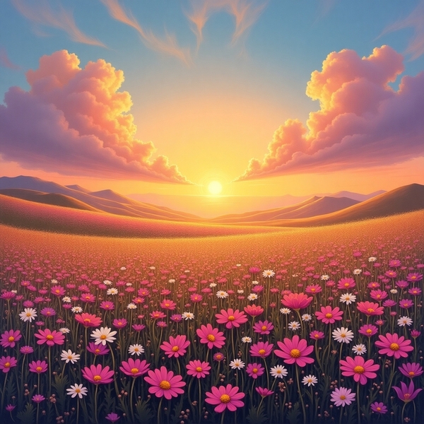 Golden Bloom – Sunset Over a Field of Wildflowers Print