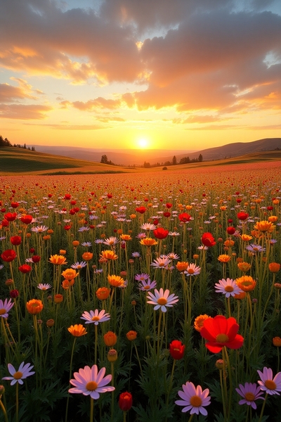 Golden Hour Wildflower Bloom – Sunset Over a Spring Meadow by RACHID RHAMMOUD