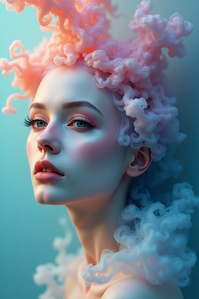 Ethereal Bloom: Dreamy Woman Portrait with Flowing Coral Hair Print