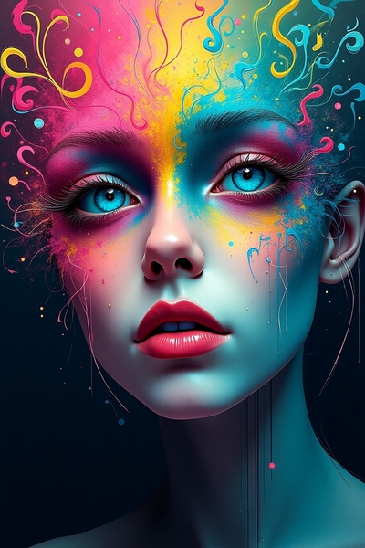 Chromatic Reverie: Surreal Woman Portrait in Vibrant Color Splashes Print