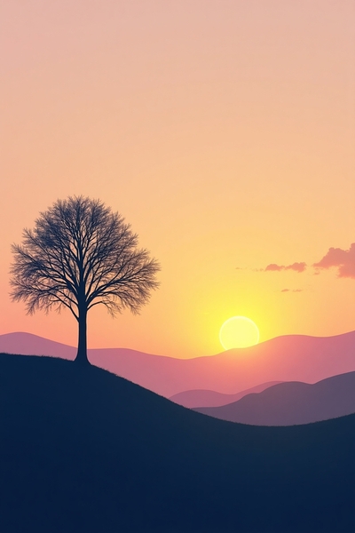 Solitude at Dusk – Minimalist Tree Silhouette Against Sunset Hills Print
