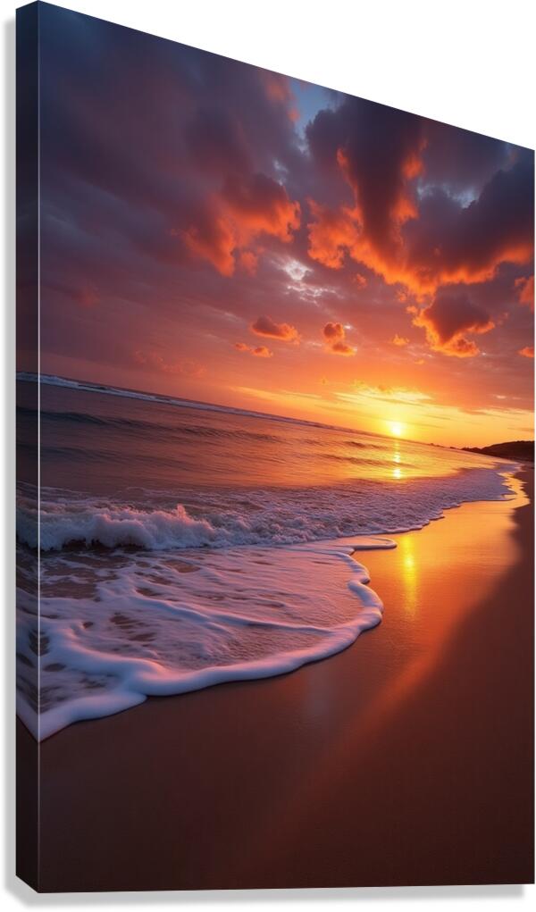 Radiant Ocean Sunset – Serene Waves and Fiery Sky Canvas Print